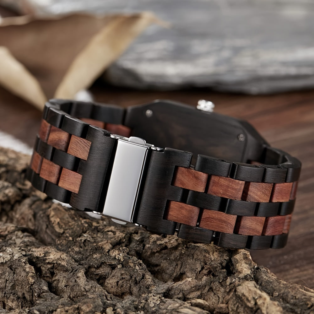 Men's Rectangle Wood Watch Quartz Movement Wooden Mens Watches Gift Watches for Men