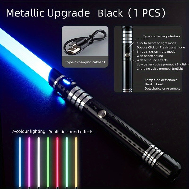 Rechargeable Light Sword, Upgraded Version 7 Colors Metal Handle, 1800mAh 18650 Series Lithium Battery, Aluminum Alloy Material, 2-in-1 with 3 Sound Effects, Light Grey, Black, Golden, Silvery Grey, USB Charging, ≤36V Opera