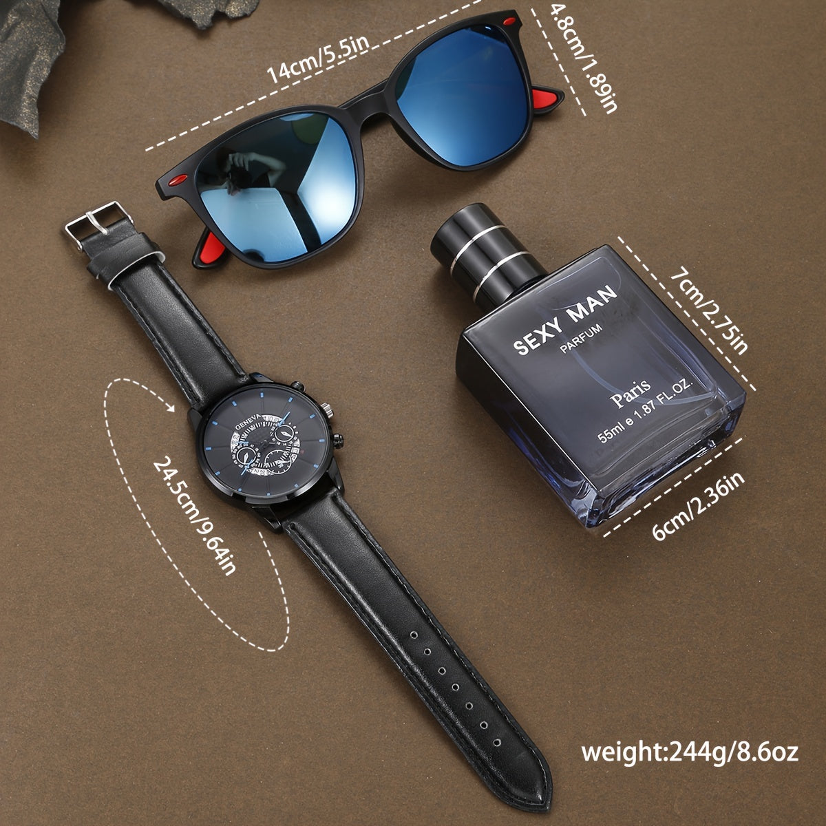 3pcs/set, Stylish Men's Watch, Glasses and Perfume Gift Box Set - Trendy Accessories for Him - Perfect Present for Father, Boyfriend or Husband