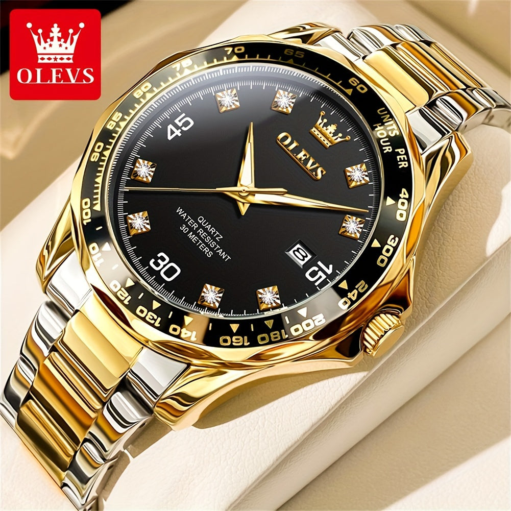 OLEVS Watches for Men Elegant Dress Diamond Analog Quartz Watch Two Tone Stainless Steel Waterproof Luminous Mens Watch Reloj para Hombre