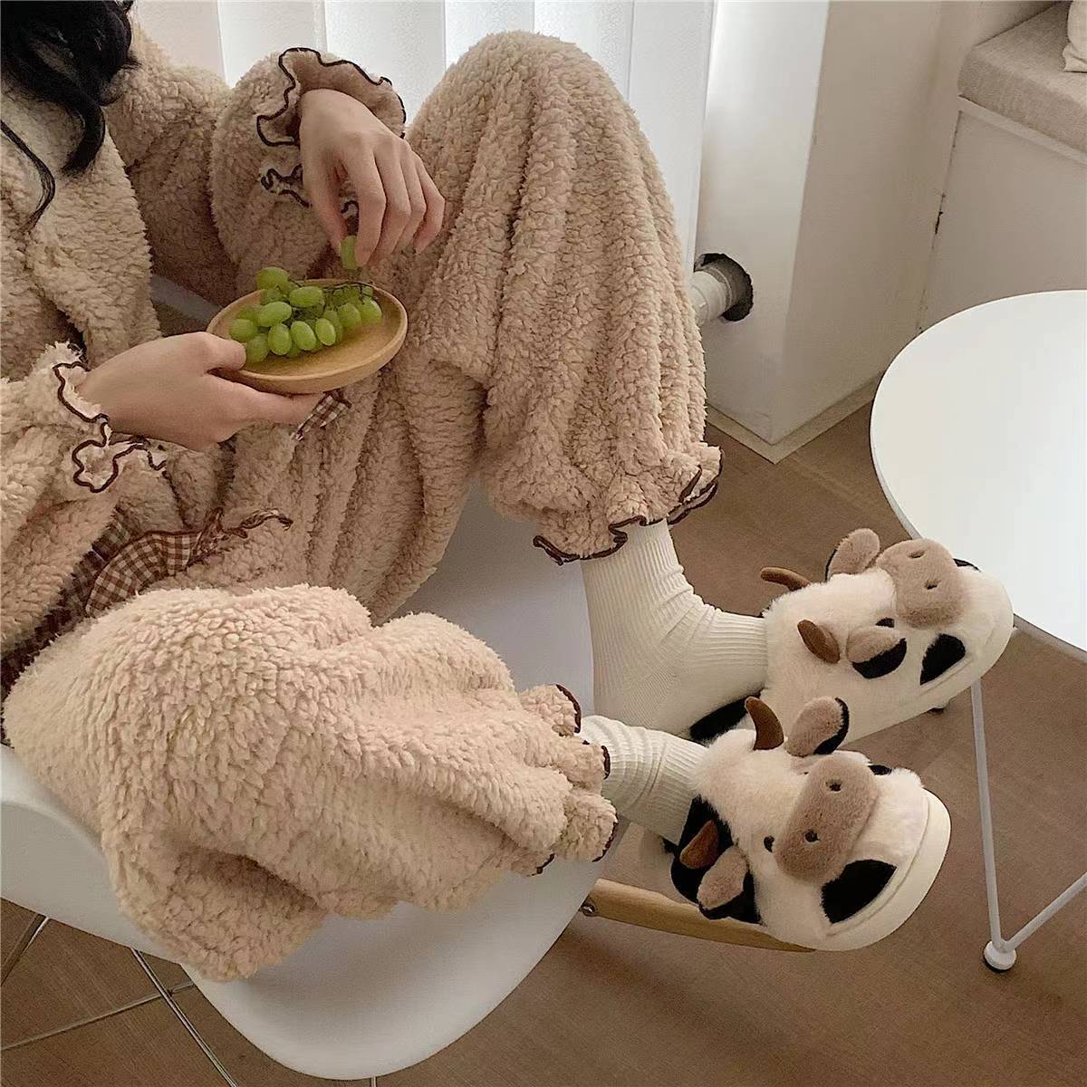 Adorable Cartoon Cow Plush Slippers for Women - Cozy Fabric Upper & PVC Sole, Soft Indoor Footwear with Fluffy White Trim, Cute Slippers