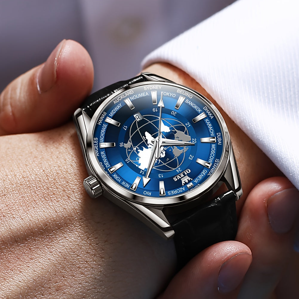 OLEVS Men's Watches Brown Leather With Date, Casual Watches For Men, Blue Globe Face Watches Men, Chronograph Men's Watch, Sport Waterproof Business Dress Analog Quartz Men's Wrist Watches Relojes De Hombre