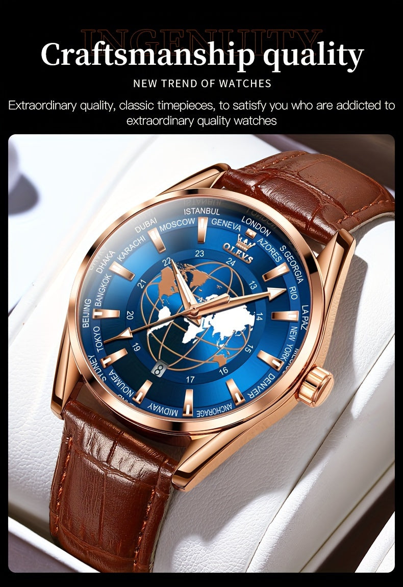 OLEVS Men's Watches Brown Leather With Date, Casual Watches For Men, Blue Globe Face Watches Men, Chronograph Men's Watch, Sport Waterproof Business Dress Analog Quartz Men's Wrist Watches Relojes De Hombre