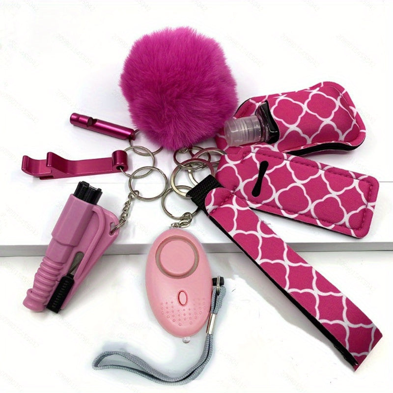 Women's Accessory Kit with Wristlet Pom Pom, Carabiners - 10-Piece Set, Battery Powered Personal Safety Alarm, Aluminum Alloy Hand Sanitizer Holder, Polyester Pouch