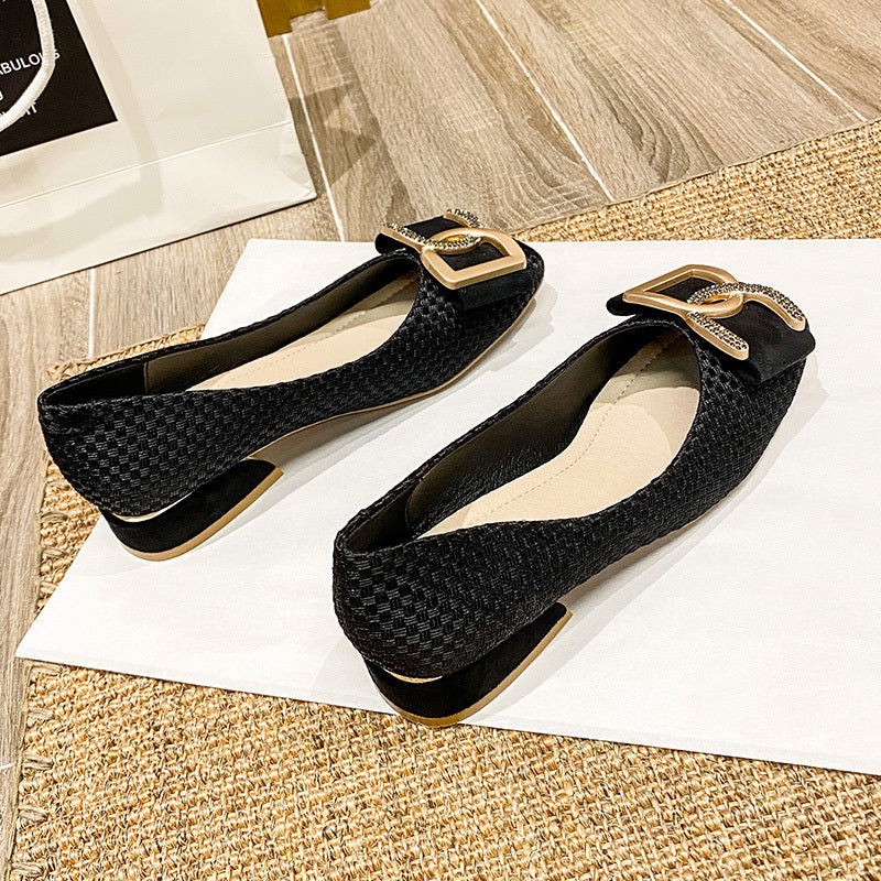 Small Fragrance Wind Single Shoe Women's Spring and Autumn New Outdoor Comfortable Versatile Soft Sole Low-Heel Non-Tiring Four Seasons Square-Toe Mid-Heel Flat Shoes