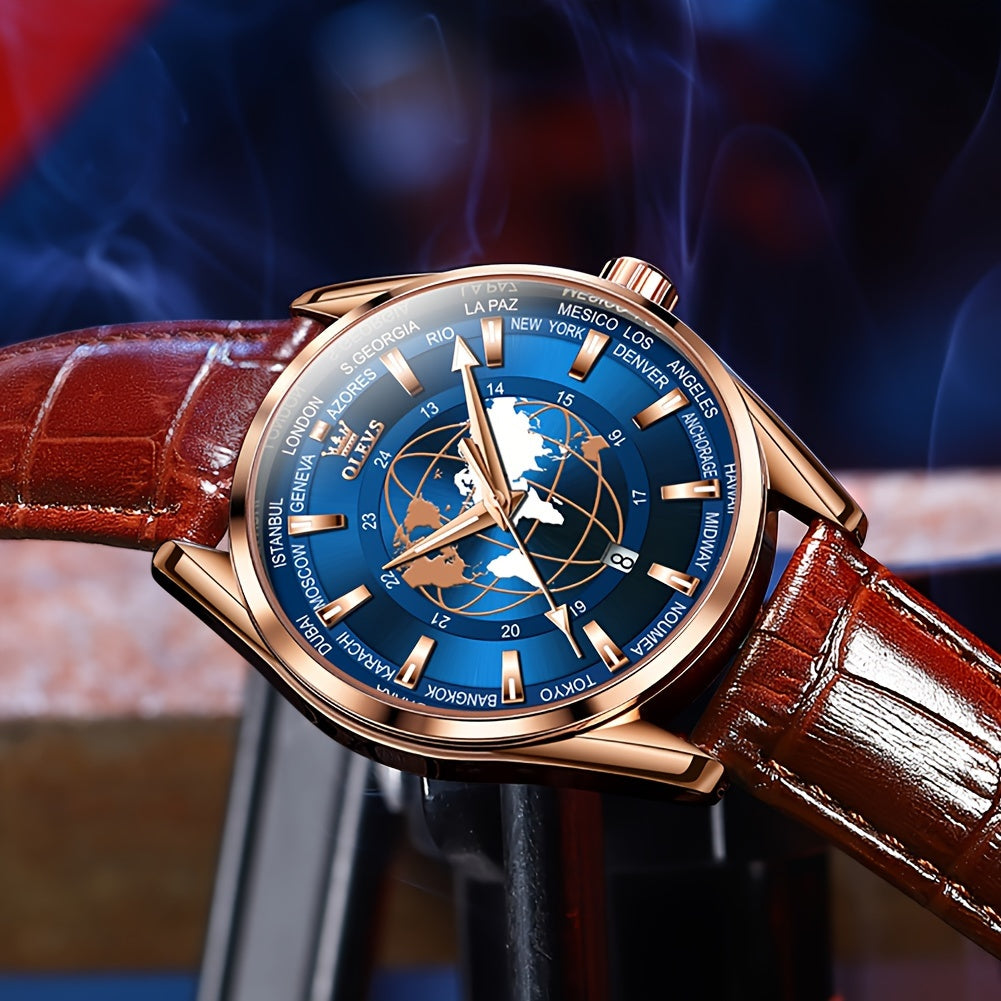 OLEVS Men's Watches Brown Leather With Date, Casual Watches For Men, Blue Globe Face Watches Men, Chronograph Men's Watch, Sport Waterproof Business Dress Analog Quartz Men's Wrist Watches Relojes De Hombre