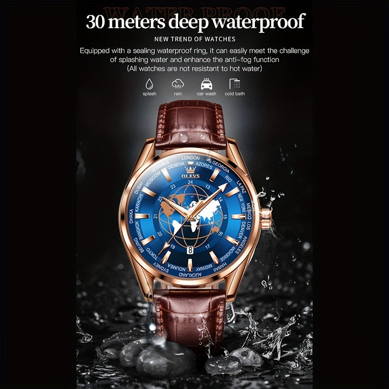 OLEVS Men's Watches Brown Leather With Date, Casual Watches For Men, Blue Globe Face Watches Men, Chronograph Men's Watch, Sport Waterproof Business Dress Analog Quartz Men's Wrist Watches Relojes De Hombre