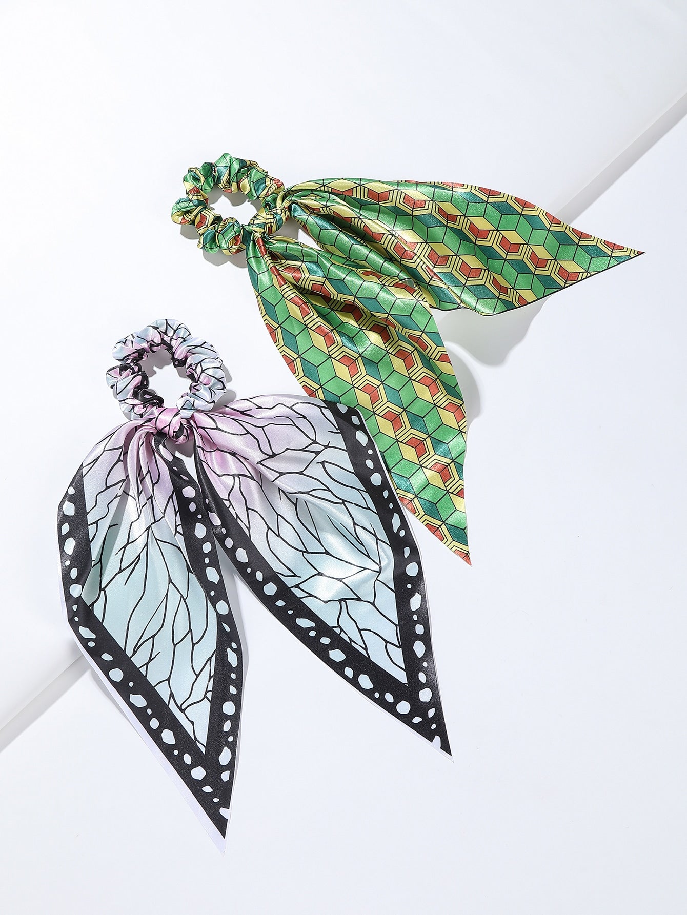 4pcs Adorable Japanese Anime Cartoon Printed Fabric Bowknot Hair Scarves with Elastic Hair Ties for Women - Soft, Comfortable, and Easy to Wear Ponytail Holders for Various Hairstyles - Cute Hair Accessories for Anime Fans