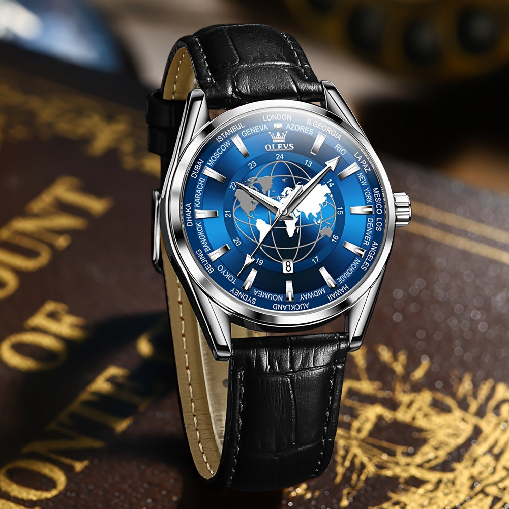 OLEVS Men's Watches Brown Leather With Date, Casual Watches For Men, Blue Globe Face Watches Men, Chronograph Men's Watch, Sport Waterproof Business Dress Analog Quartz Men's Wrist Watches Relojes De Hombre