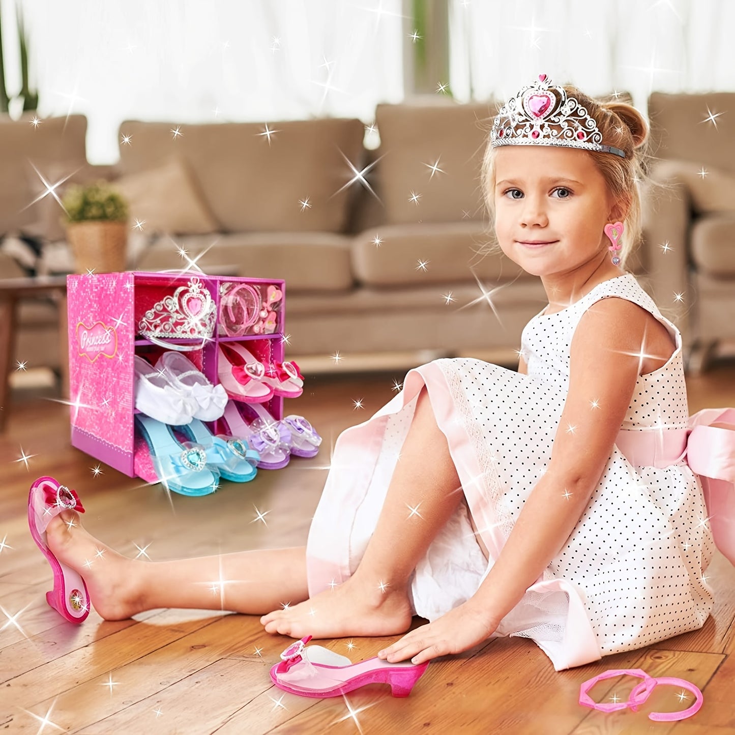 Princess Playtime Shoe Set 4-Pair - Complete Dress-Up Kit with Tiara, Jewelry & Accessories - Ideal Birthday Gift for Girls 3-6