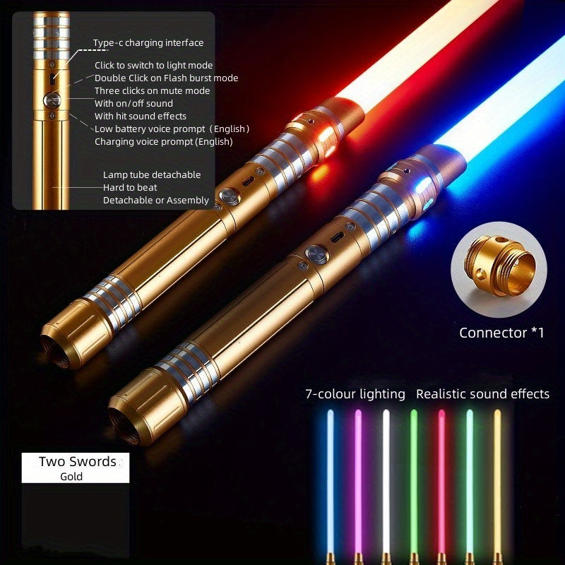Rechargeable Light Sword, Upgraded Version 7 Colors Metal Handle, 1800mAh 18650 Series Lithium Battery, Aluminum Alloy Material, 2-in-1 with 3 Sound Effects, Light Grey, Black, Golden, Silvery Grey, USB Charging, ≤36V Opera