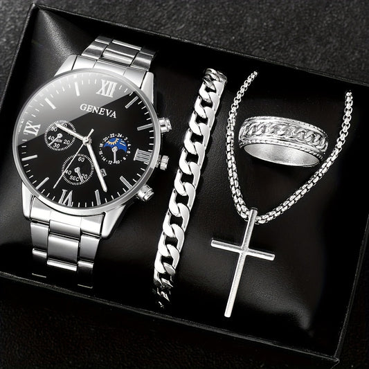 Men'S 4-Piece Fashion Set: Casual Quartz Watch With Calendar, Silvery Cross Pendant Necklace, Ring & Bracelet - Perfect Gift For Him Jewelry For Men Watches For Men Luxury
