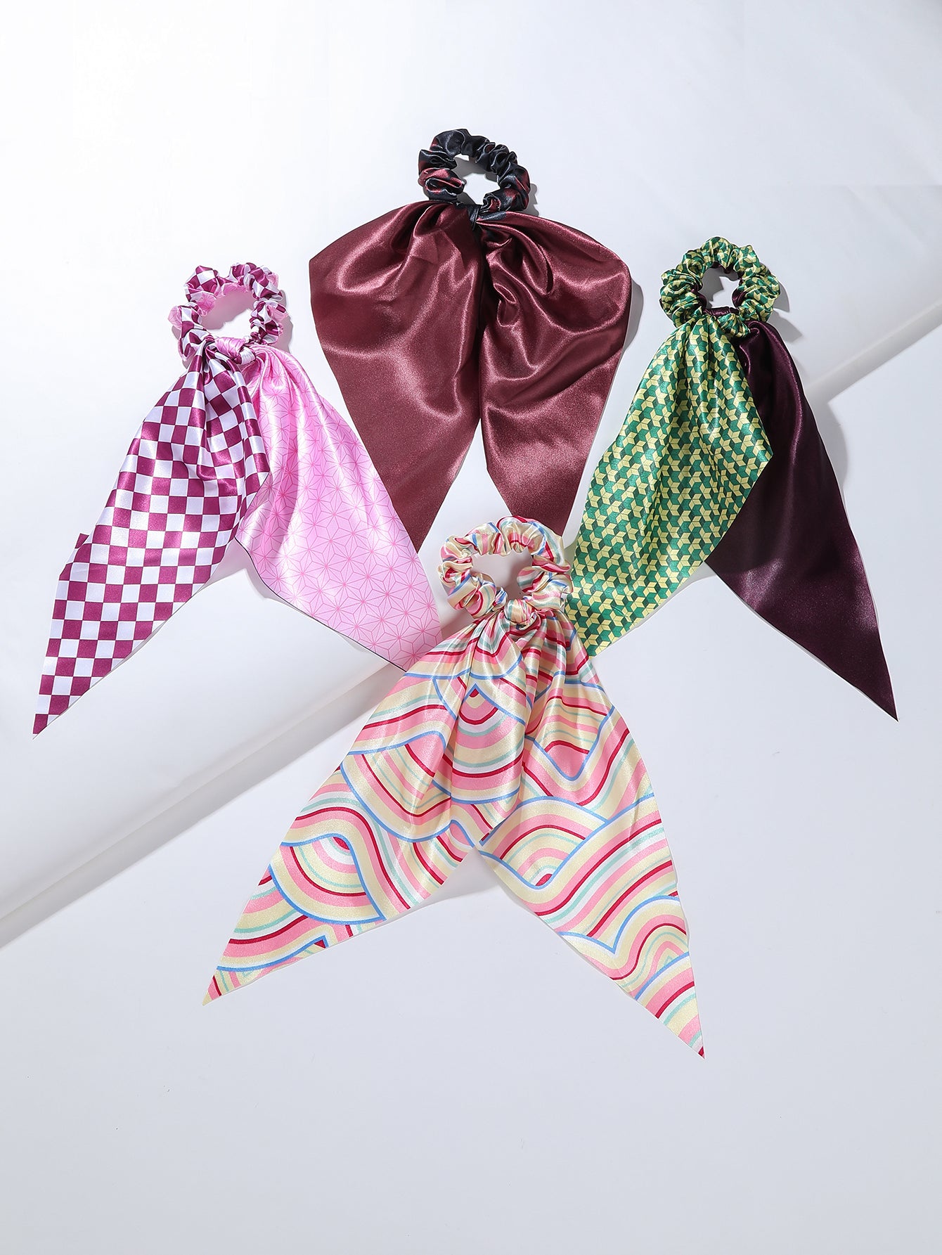 4pcs Adorable Japanese Anime Cartoon Printed Fabric Bowknot Hair Scarves with Elastic Hair Ties for Women - Soft, Comfortable, and Easy to Wear Ponytail Holders for Various Hairstyles - Cute Hair Accessories for Anime Fans
