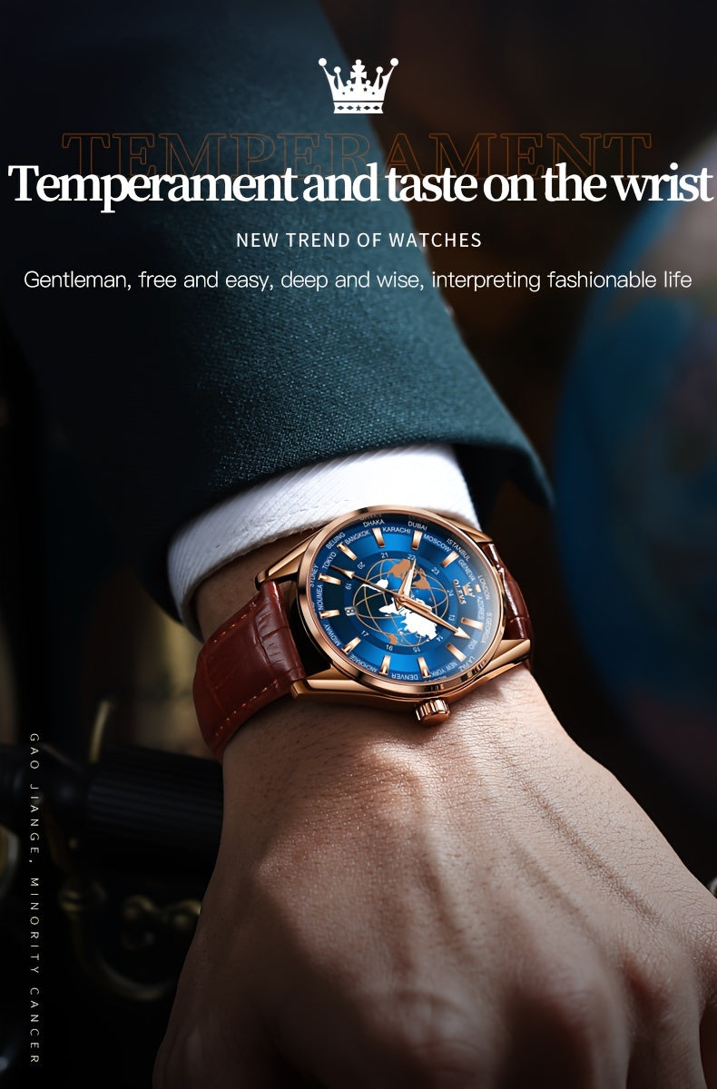 OLEVS Men's Watches Brown Leather With Date, Casual Watches For Men, Blue Globe Face Watches Men, Chronograph Men's Watch, Sport Waterproof Business Dress Analog Quartz Men's Wrist Watches Relojes De Hombre