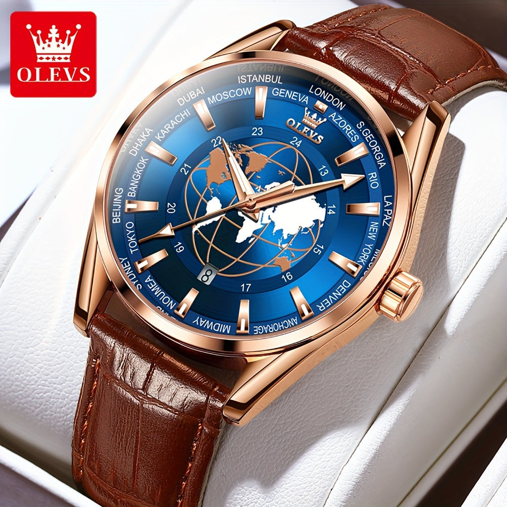 OLEVS Men's Watches Brown Leather With Date, Casual Watches For Men, Blue Globe Face Watches Men, Chronograph Men's Watch, Sport Waterproof Business Dress Analog Quartz Men's Wrist Watches Relojes De Hombre