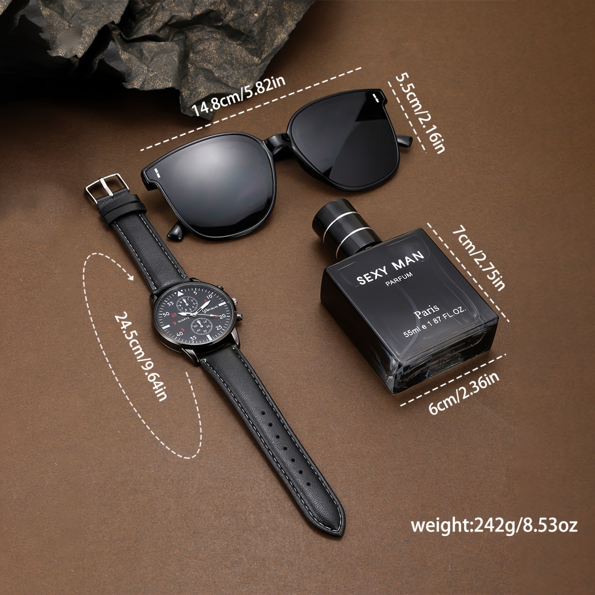 Men'S Luxury Fashion Business Watch, Perfume & Fashion Glasses Gift Set - Quartz Movement With Pu Leather Strap Mens Jewelry Luxury Designer Items