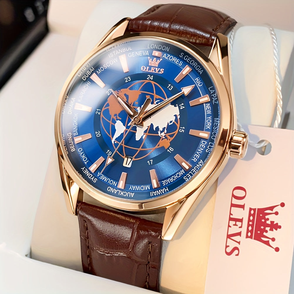OLEVS Men's Watches Brown Leather With Date, Casual Watches For Men, Blue Globe Face Watches Men, Chronograph Men's Watch, Sport Waterproof Business Dress Analog Quartz Men's Wrist Watches Relojes De Hombre