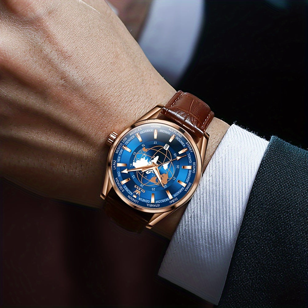 OLEVS Men's Watches Brown Leather With Date, Casual Watches For Men, Blue Globe Face Watches Men, Chronograph Men's Watch, Sport Waterproof Business Dress Analog Quartz Men's Wrist Watches Relojes De Hombre