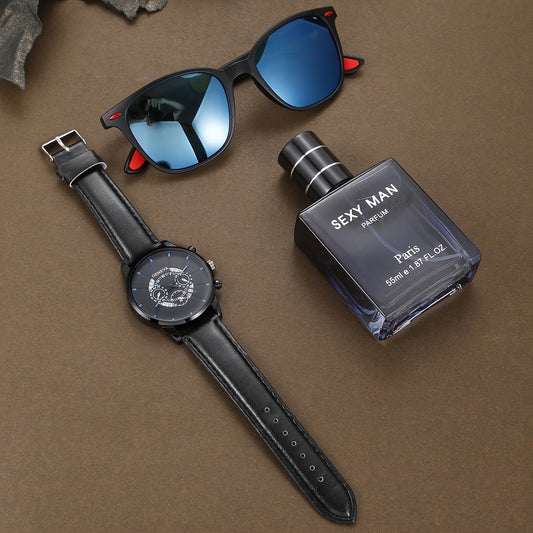 3pcs/set, Stylish Men's Watch, Glasses and Perfume Gift Box Set - Trendy Accessories for Him - Perfect Present for Father, Boyfriend or Husband