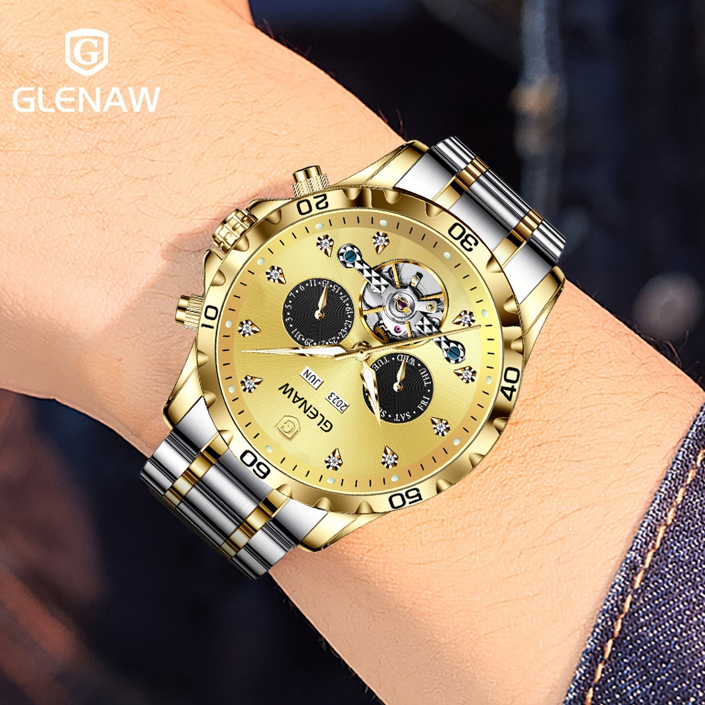 Automatic Watches for Men, Rhinestone Stainless Steel Strap Skeleton Automatic Winding Mechanical Watch Day Date Month Year Men's Watch Gift