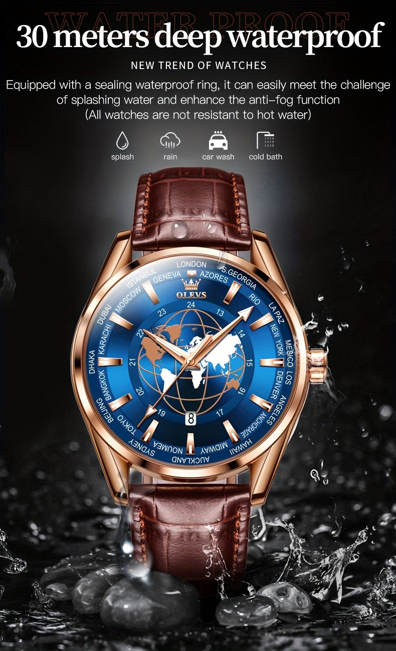 OLEVS Men's Watches Brown Leather With Date, Casual Watches For Men, Blue Globe Face Watches Men, Chronograph Men's Watch, Sport Waterproof Business Dress Analog Quartz Men's Wrist Watches Relojes De Hombre