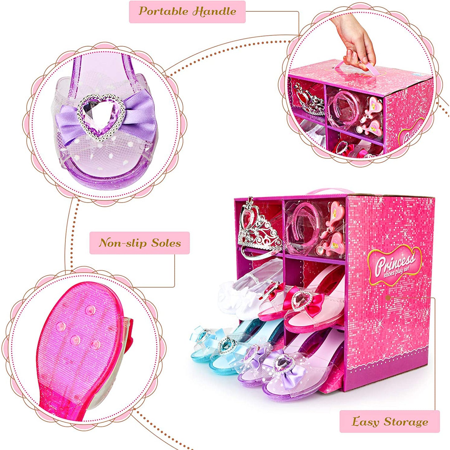 Princess Playtime Shoe Set 4-Pair - Complete Dress-Up Kit with Tiara, Jewelry & Accessories - Ideal Birthday Gift for Girls 3-6
