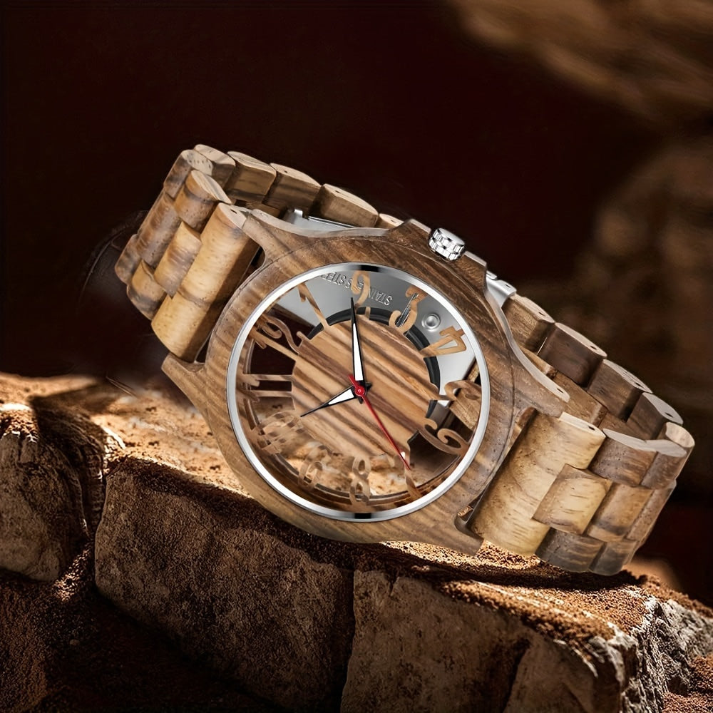 Classic Wooden Watches for Men Creative Hollow Out Dial Wooden Mens Watches Analog Quartz Men's Wood Watch