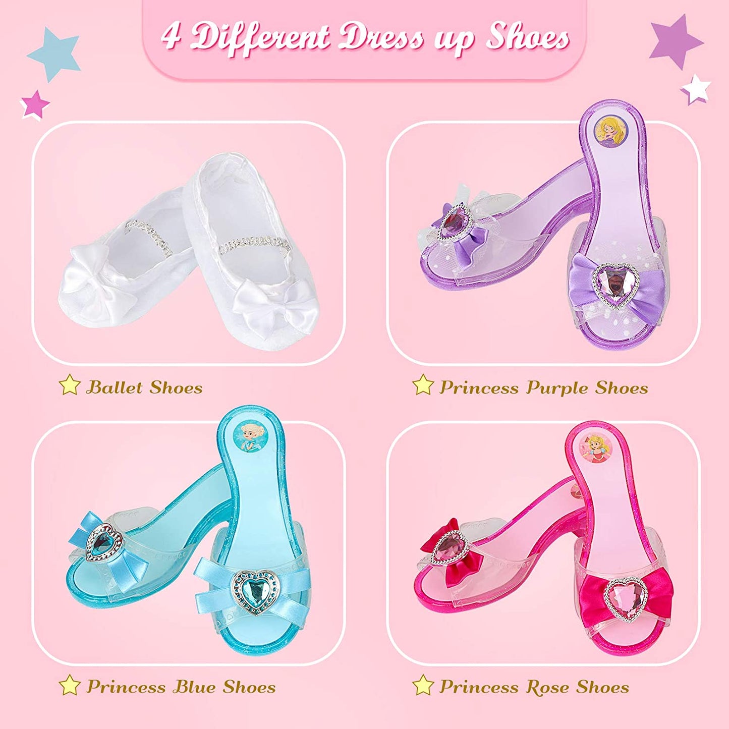 Princess Playtime Shoe Set 4-Pair - Complete Dress-Up Kit with Tiara, Jewelry & Accessories - Ideal Birthday Gift for Girls 3-6