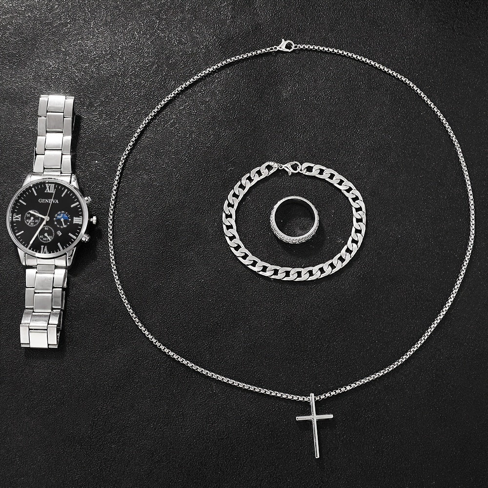 Men'S 4-Piece Fashion Set: Casual Quartz Watch With Calendar, Silvery Cross Pendant Necklace, Ring & Bracelet - Perfect Gift For Him Jewelry For Men Watches For Men Luxury