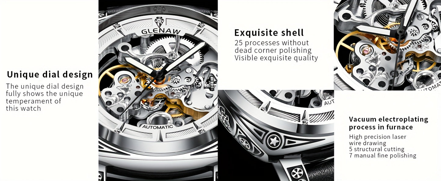 Carved Automatic Watches for Men, Retro Tattoo Skeleton Self-Winding Mechanical Watch Men's Automatic - 3 ATM Waterproof, Luminous Hands, Skeleton Dial, Ideal for Everyday Wear and Formal Occasions
