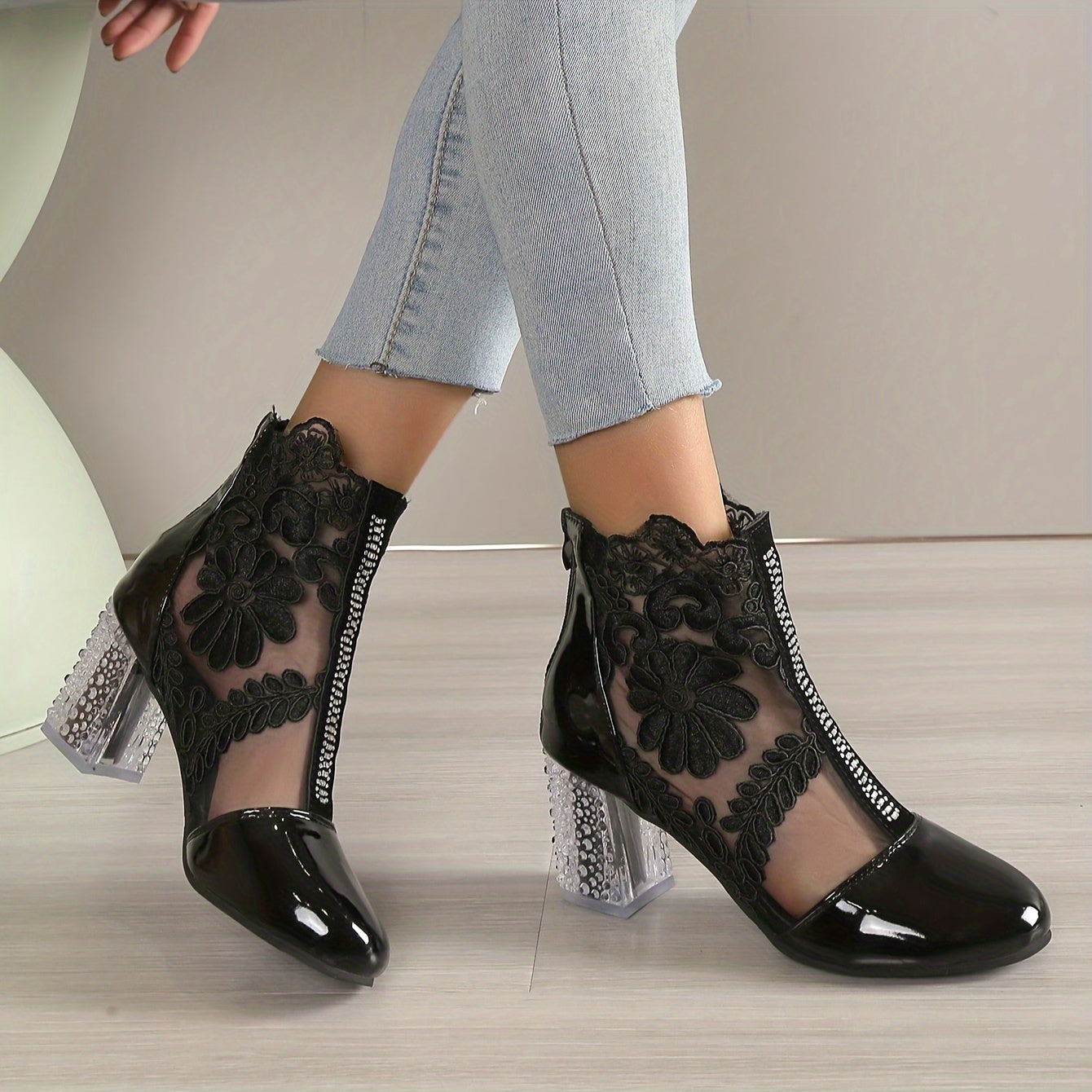 Women's Floral Print Lace Ankle Boots, Back Zipper Square High Heel Shoes, Round Toe Shoes