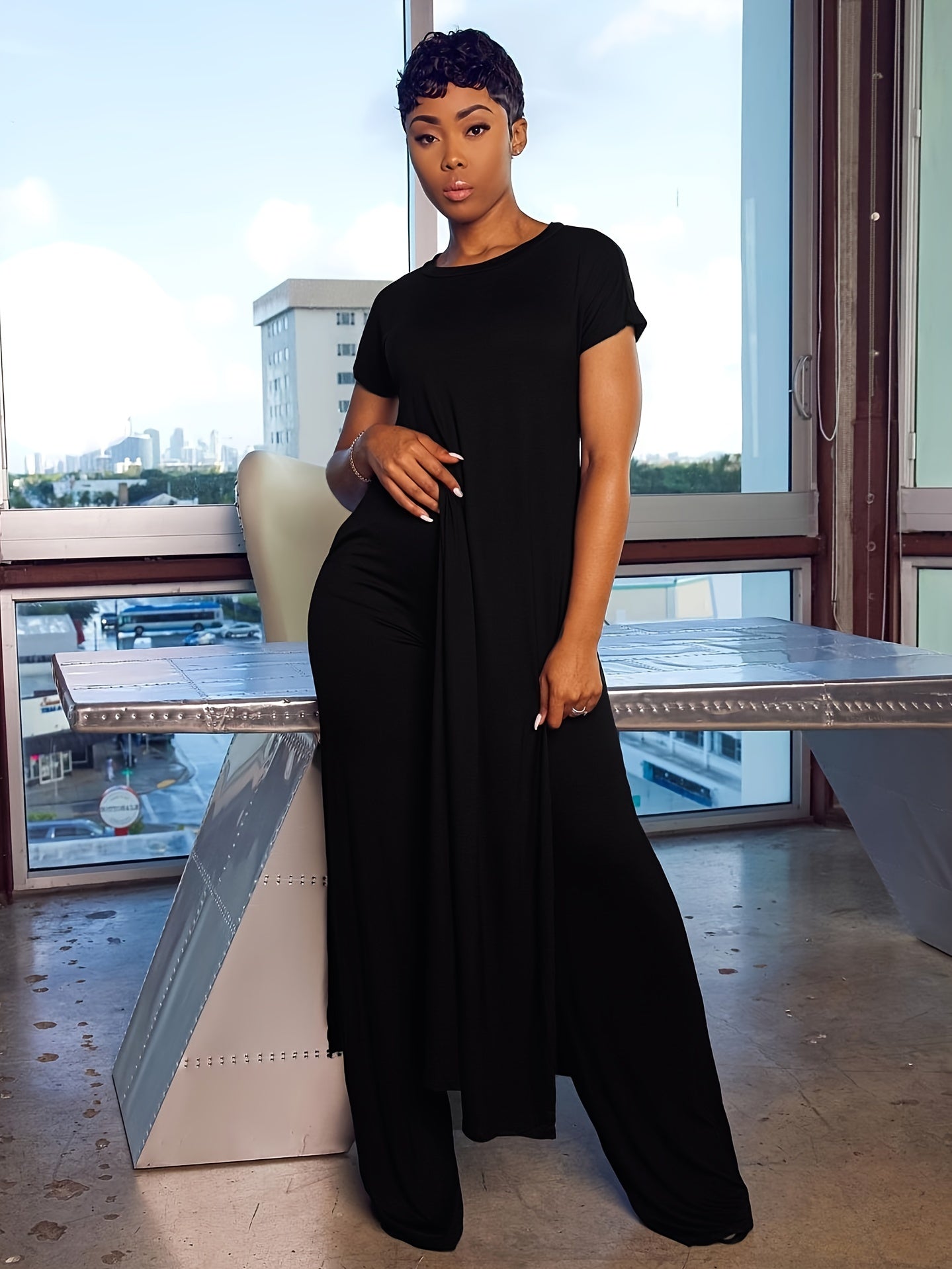 Plus Size Solid Color Split Hem Oversized T-shirt & Pants Set, Women's Plus High Stretch 2pcs Set