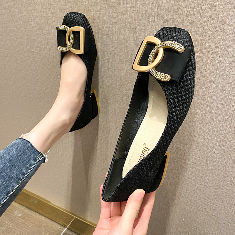 Small Fragrance Wind Single Shoe Women's Spring and Autumn New Outdoor Comfortable Versatile Soft Sole Low-Heel Non-Tiring Four Seasons Square-Toe Mid-Heel Flat Shoes