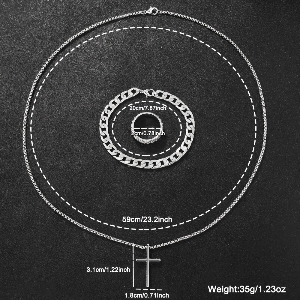 Men'S 4-Piece Fashion Set: Casual Quartz Watch With Calendar, Silvery Cross Pendant Necklace, Ring & Bracelet - Perfect Gift For Him Jewelry For Men Watches For Men Luxury