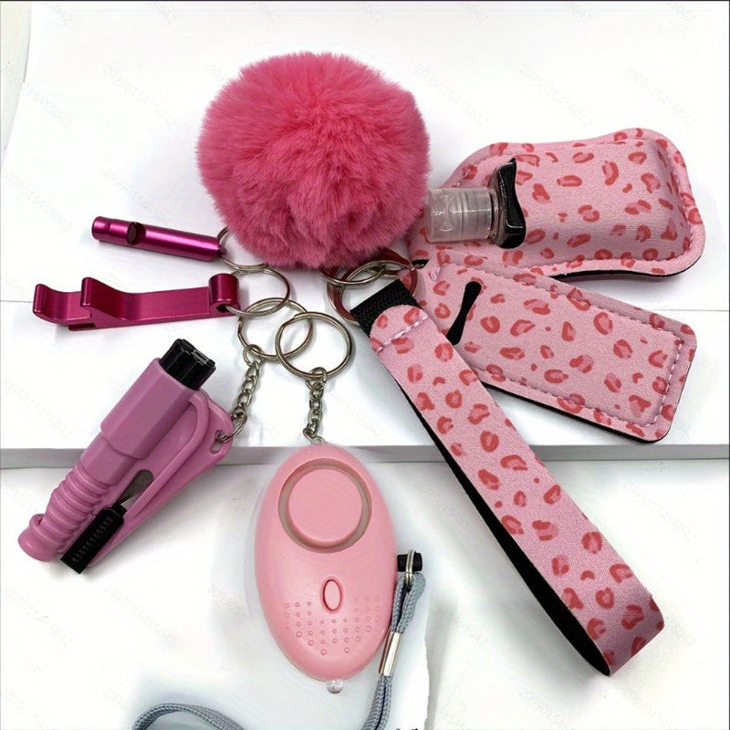 Women's Accessory Kit with Wristlet Pom Pom, Carabiners - 10-Piece Set, Battery Powered Personal Safety Alarm, Aluminum Alloy Hand Sanitizer Holder, Polyester Pouch