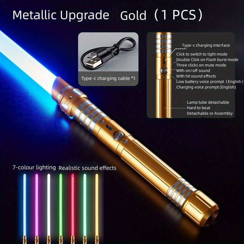 Rechargeable Light Sword, Upgraded Version 7 Colors Metal Handle, 1800mAh 18650 Series Lithium Battery, Aluminum Alloy Material, 2-in-1 with 3 Sound Effects, Light Grey, Black, Golden, Silvery Grey, USB Charging, ≤36V Opera