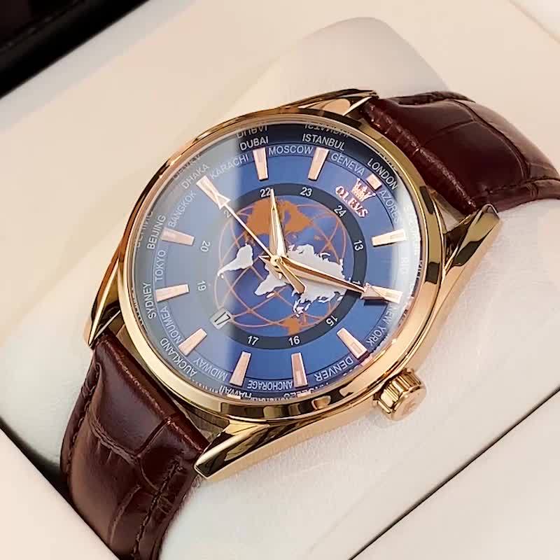 OLEVS Men's Watches Brown Leather With Date, Casual Watches For Men, Blue Globe Face Watches Men, Chronograph Men's Watch, Sport Waterproof Business Dress Analog Quartz Men's Wrist Watches Relojes De Hombre