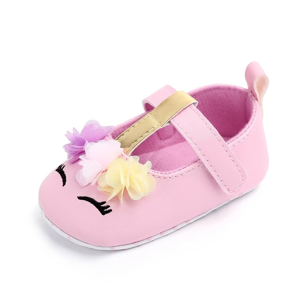 Adorable Baby Girls Cartoon Unicorn Crib Shoes - Flexible Fabric Sole, Hook-and-Loop Fastener, Mesh Flower Embellishment, Breathable for Spring and Autumn Walking