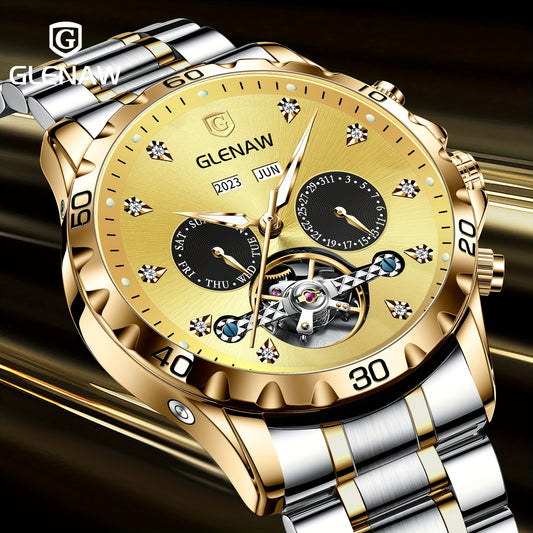 Automatic Watches for Men, Rhinestone Stainless Steel Strap Skeleton Automatic Winding Mechanical Watch Day Date Month Year Men's Watch Gift