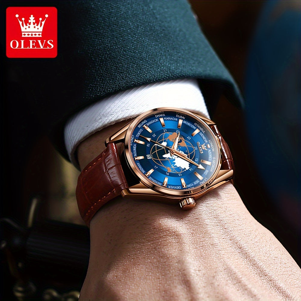 OLEVS Men's Watches Brown Leather With Date, Casual Watches For Men, Blue Globe Face Watches Men, Chronograph Men's Watch, Sport Waterproof Business Dress Analog Quartz Men's Wrist Watches Relojes De Hombre