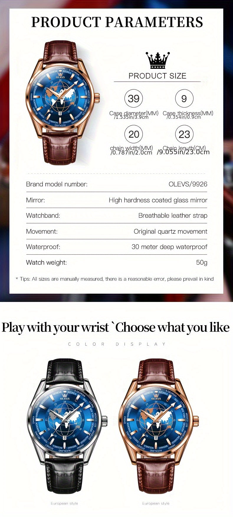 OLEVS Men's Watches Brown Leather With Date, Casual Watches For Men, Blue Globe Face Watches Men, Chronograph Men's Watch, Sport Waterproof Business Dress Analog Quartz Men's Wrist Watches Relojes De Hombre