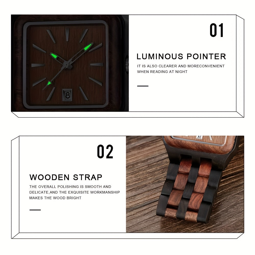 Men's Rectangle Wood Watch Quartz Movement Wooden Mens Watches Gift Watches for Men
