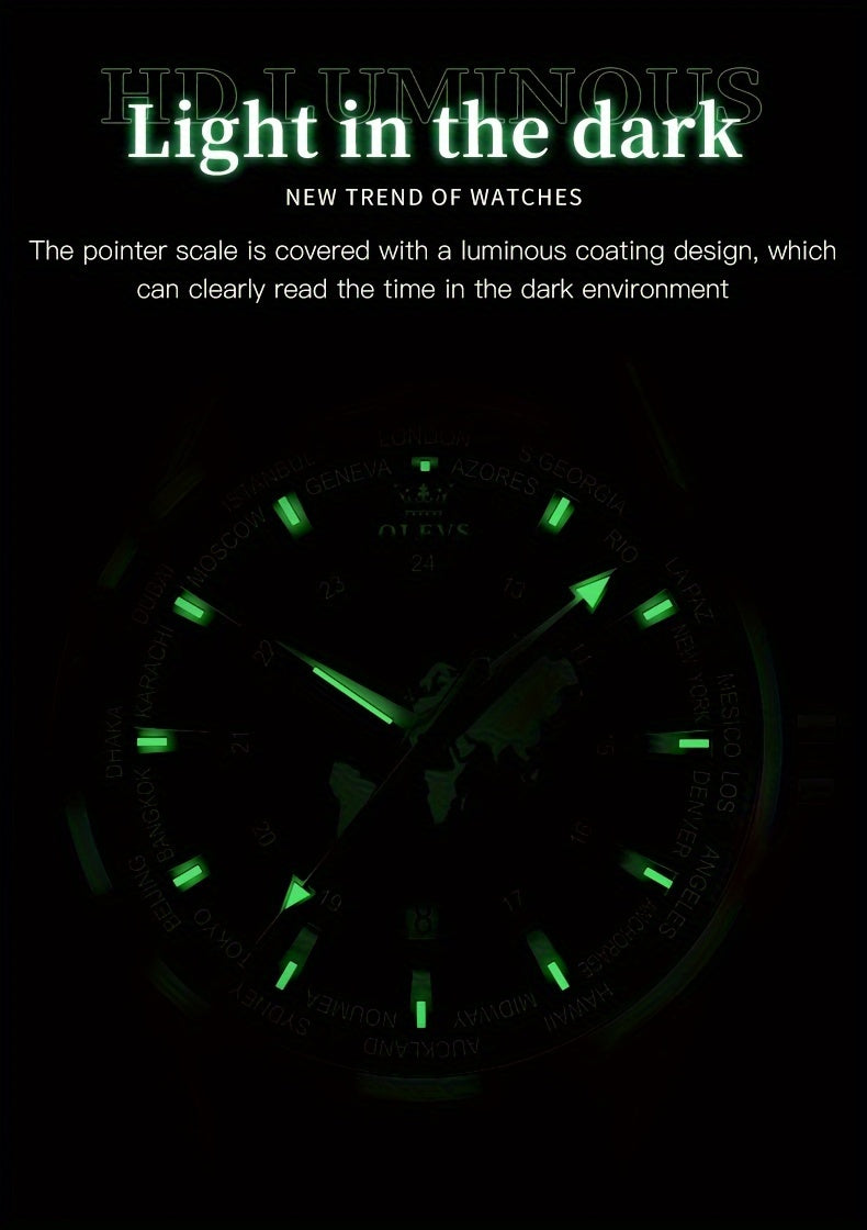 OLEVS Men's Watches Brown Leather With Date, Casual Watches For Men, Blue Globe Face Watches Men, Chronograph Men's Watch, Sport Waterproof Business Dress Analog Quartz Men's Wrist Watches Relojes De Hombre