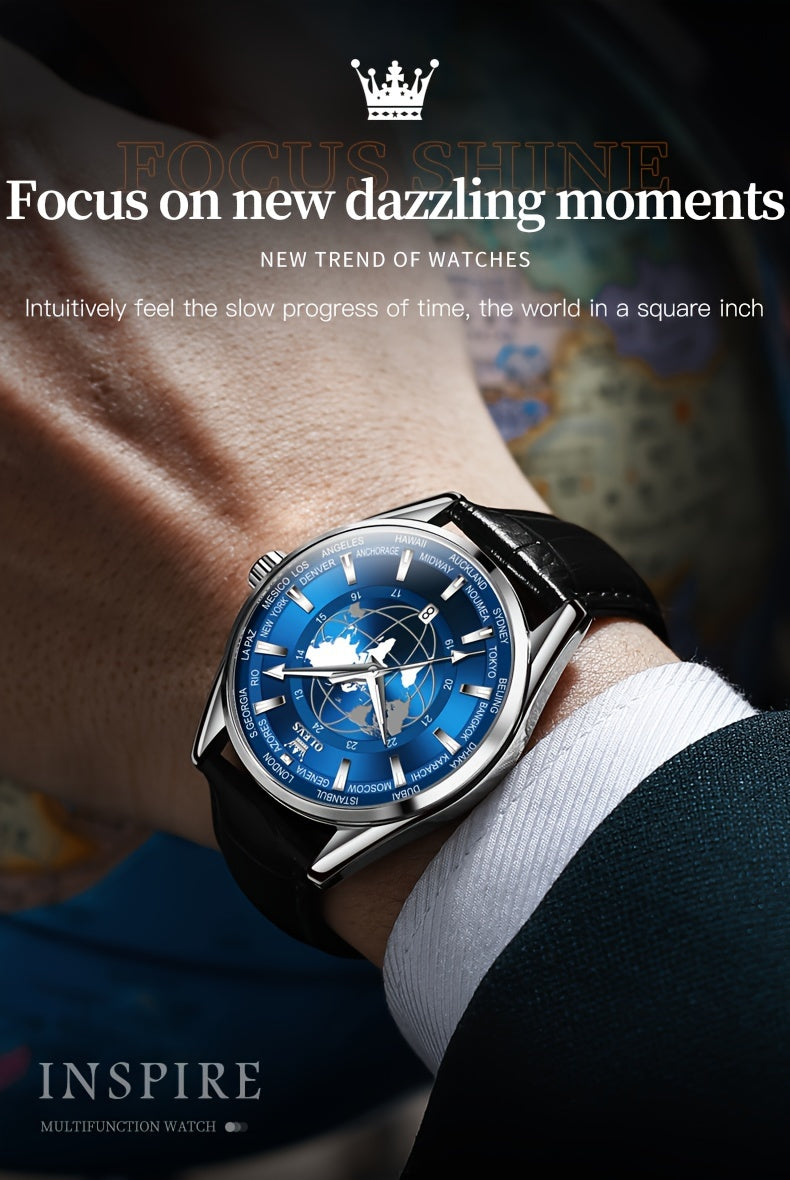 OLEVS Men's Watches Brown Leather With Date, Casual Watches For Men, Blue Globe Face Watches Men, Chronograph Men's Watch, Sport Waterproof Business Dress Analog Quartz Men's Wrist Watches Relojes De Hombre