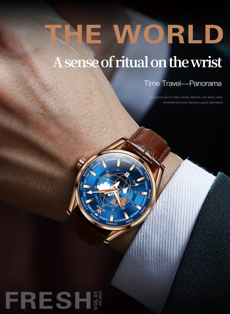 OLEVS Men's Watches Brown Leather With Date, Casual Watches For Men, Blue Globe Face Watches Men, Chronograph Men's Watch, Sport Waterproof Business Dress Analog Quartz Men's Wrist Watches Relojes De Hombre