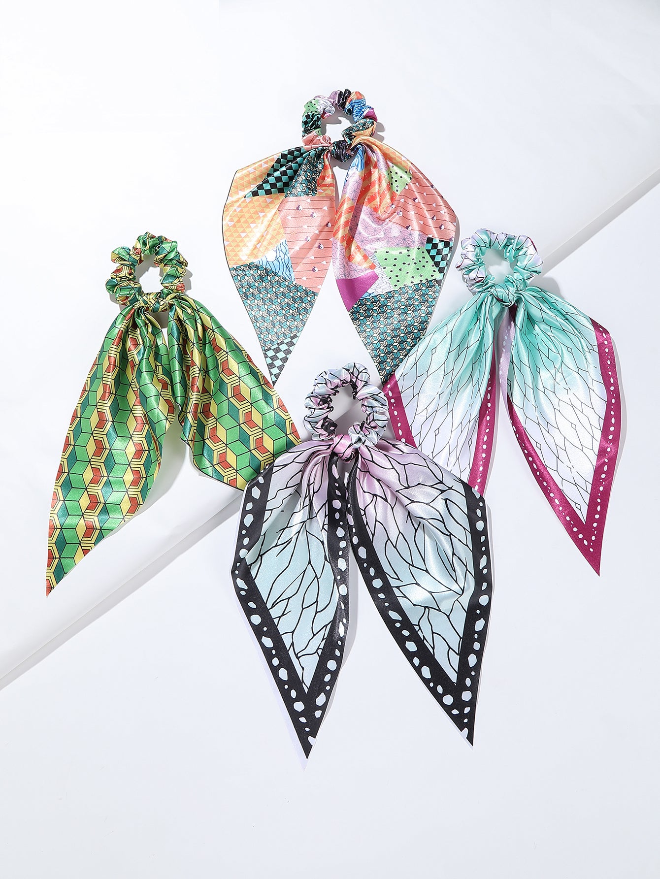 4pcs Adorable Japanese Anime Cartoon Printed Fabric Bowknot Hair Scarves with Elastic Hair Ties for Women - Soft, Comfortable, and Easy to Wear Ponytail Holders for Various Hairstyles - Cute Hair Accessories for Anime Fans