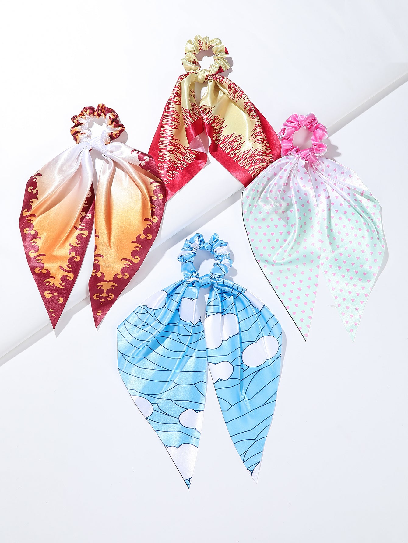 4pcs Adorable Japanese Anime Cartoon Printed Fabric Bowknot Hair Scarves with Elastic Hair Ties for Women - Soft, Comfortable, and Easy to Wear Ponytail Holders for Various Hairstyles - Cute Hair Accessories for Anime Fans