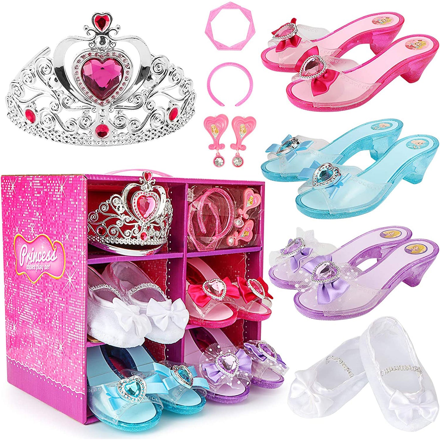 Princess Playtime Shoe Set 4-Pair - Complete Dress-Up Kit with Tiara, Jewelry & Accessories - Ideal Birthday Gift for Girls 3-6