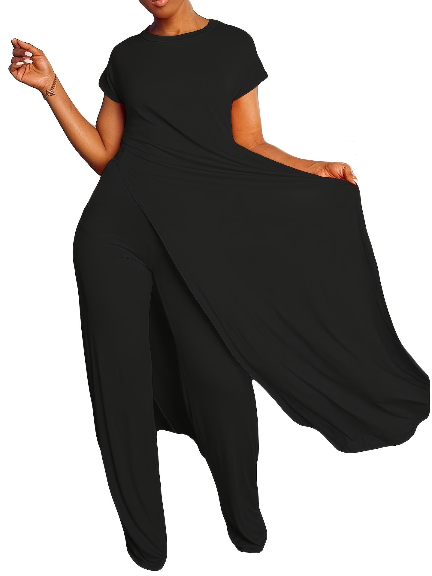 Plus Size Solid Color Split Hem Oversized T-shirt & Pants Set, Women's Plus High Stretch 2pcs Set