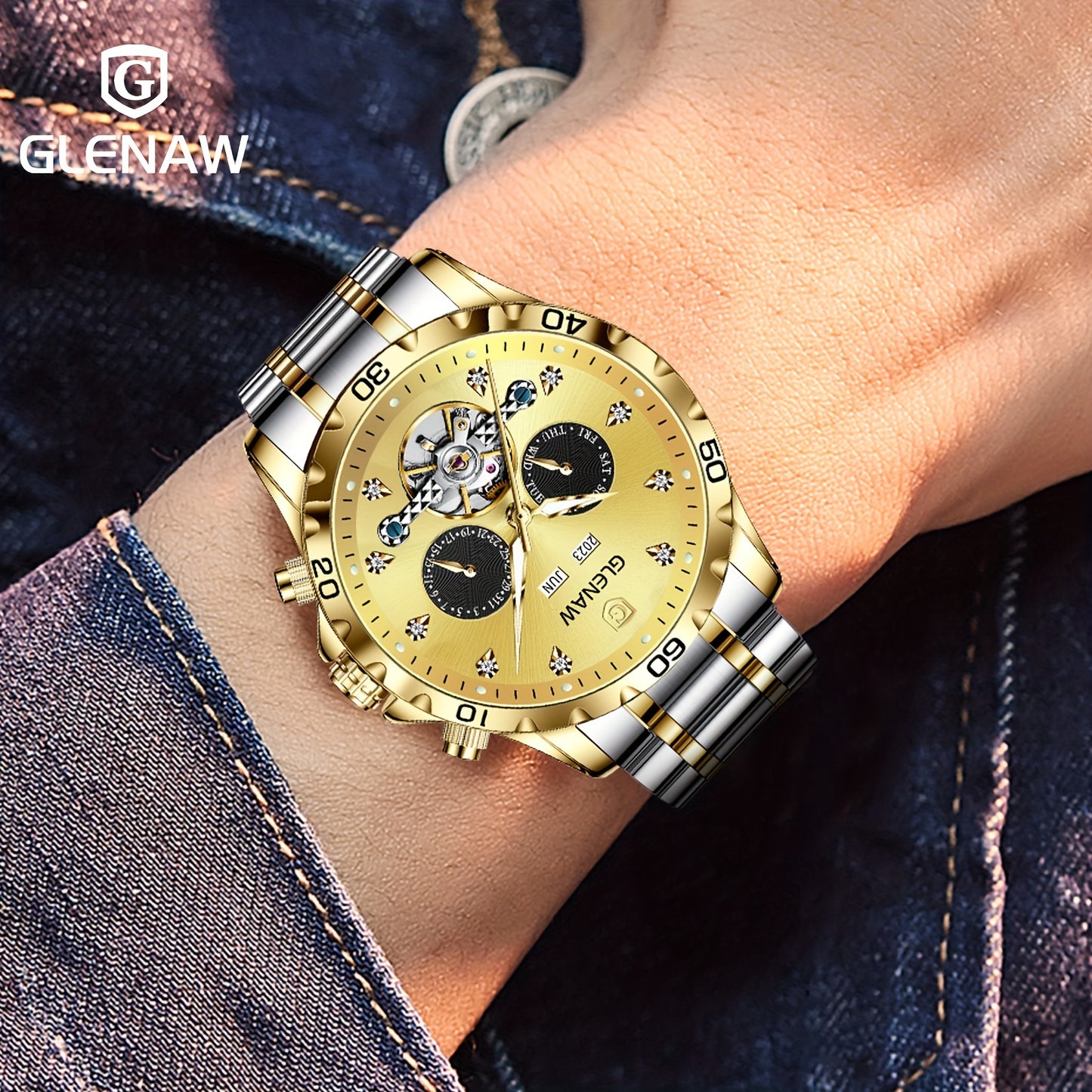 Automatic Watches for Men, Rhinestone Stainless Steel Strap Skeleton Automatic Winding Mechanical Watch Day Date Month Year Men's Watch Gift